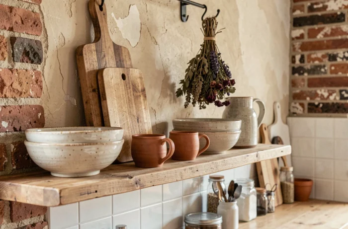 Étagère de cuisine rustique avec des bols en grès fait main, des mugs en terre cuite et des herbes séchées suspendues sur fond de brique apparente