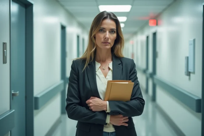 Professionnelle de santé dans un couloir d'hôpital tenant un dossier médical, symbolisant la confidentialité et les précautions éthiques liées à la santé d'une figure publique