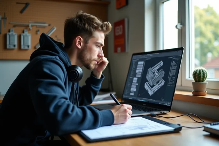 Étudiant en formation dessinateur CAO travaillant sur tablette graphique et logiciel de modélisation 3D à domicile