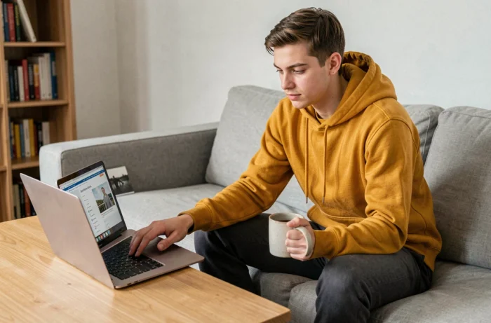 Jeune personne explorant les rubriques du site Plein Emploi sur un ordinateur portable depuis son domicile