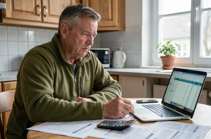 Homme en train de calculer le tarif horaire ADMR sur des factures de service d'aide à domicile dans une cuisine française