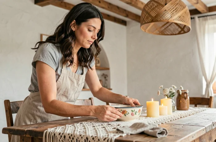 Femme arrangeant un bol en céramique peint à la main sur une table en bois avec un chemin de table en macramé dans une salle à manger artisanale