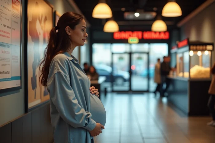 Femme enceinte consultant le programme dans le hall d'un cinéma avant une séance, montrant les démarches de préparation