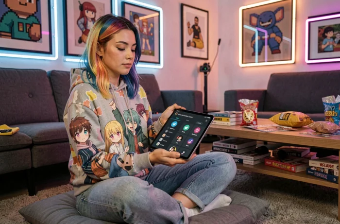 Femme geek avec une tablette affichant un tableau de bord unifié de profils geeks sur différents réseaux sociaux dans un salon gaming coloré