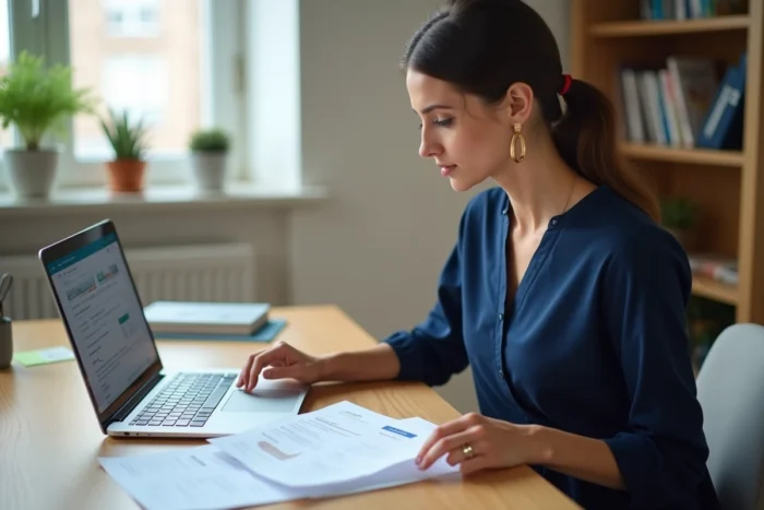 Femme mariée consultant ses documents de voyage et réservation de billet d'avion depuis son bureau à domicile