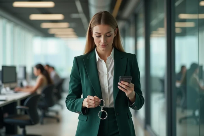 Femme professionnelle utilisant un traceur Rabbit Finder pour retrouver ses clés rapidement dans un open space de bureau moderne