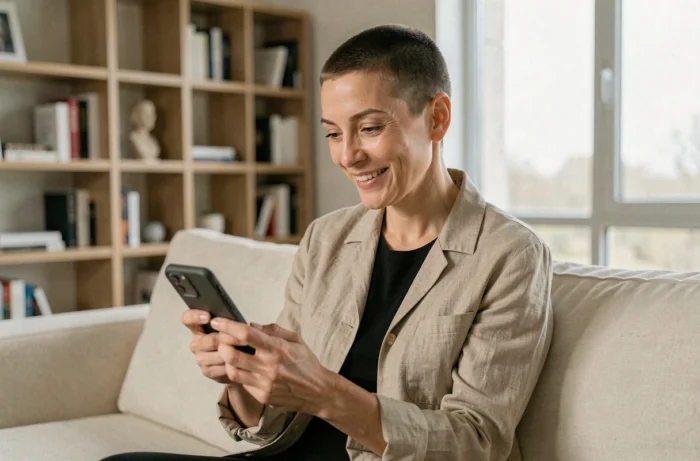 Femme souriante regardant une vidéo humoristique sur son téléphone dans un salon moderne, référence à une scène virale de The Office