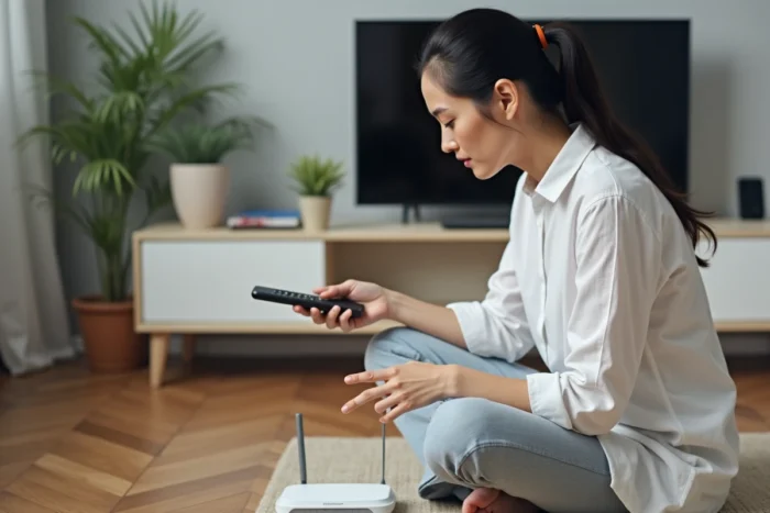 Femme assise au sol consultant sa box Orange affichant une erreur de connexion dans un appartement minimaliste