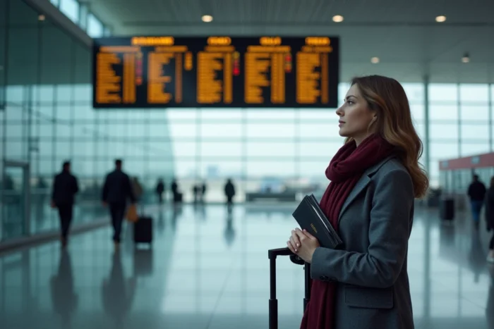 Femme regardant le tableau des départs dans un aéroport avec son passeport et ses documents de voyage à la main