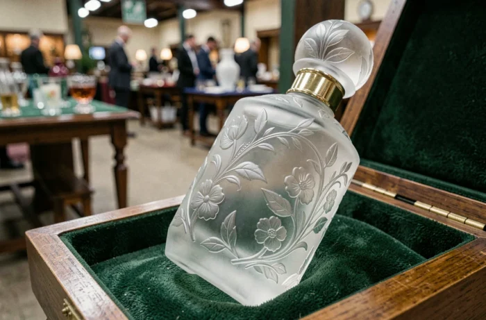 Flacon de parfum en verre dépoli Portieux Vallerysthal avec motifs floraux en relief sur velours vert dans une vitrine de collection