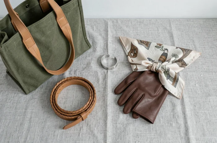 Flat lay éditorial d'accessoires de mode tendance dont un sac tote, ceinture en cuir tressé, bracelet minimaliste et foulard en soie sur fond lin gris
