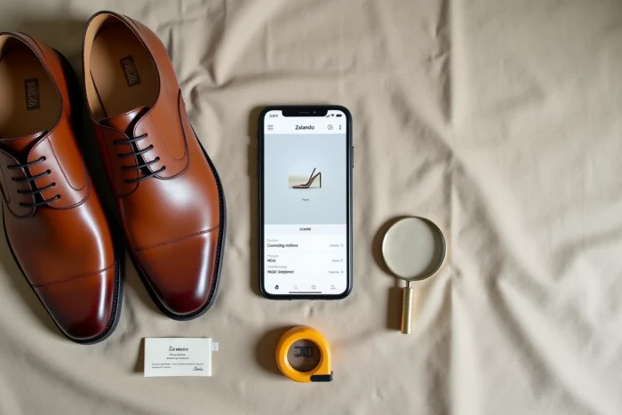 Vue aérienne d'une paire de chaussures Oxford en cuir avec un smartphone affichant Zalando pour vérifier leur authenticité