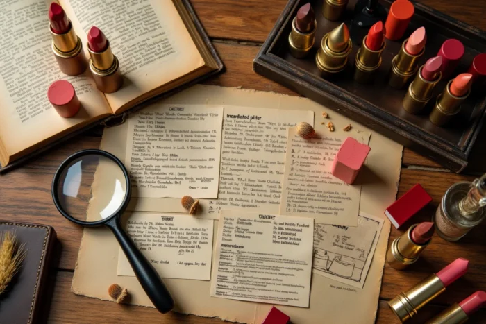 Flat lay de rouges à lèvres vintage et modernes avec des fiches d'ingrédients historiques et une loupe sur bois ancien