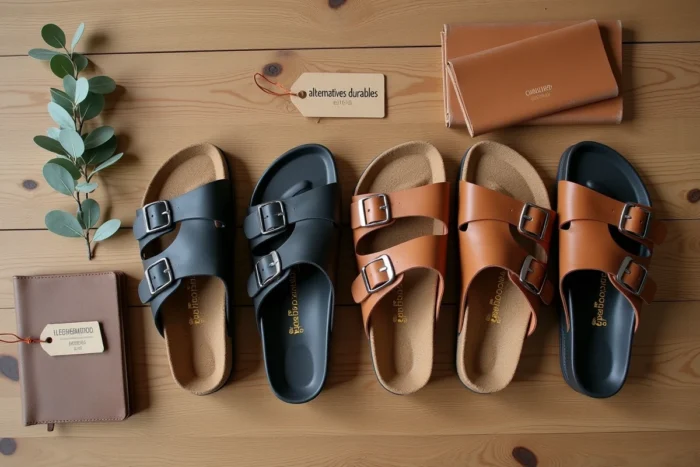 Flatlay de plusieurs paires de sandales durables à semelle ergonomique, alternatives aux Birkenstock, sur une surface en bois brut