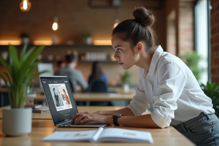 Un jeune professionnel découvrant l'interface de lecture flipbook de FlipHTML5 dans un espace de coworking moderne