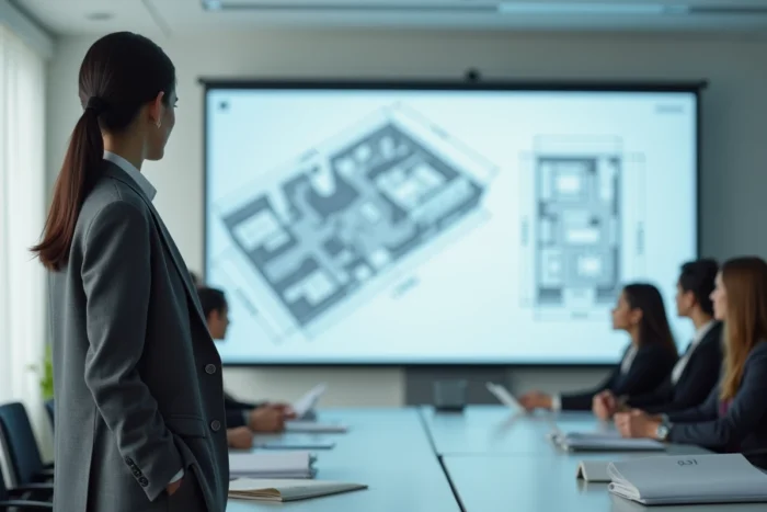 Formatrice présentant des plans techniques DAO devant un écran tactile lors d'une session de formation professionnelle