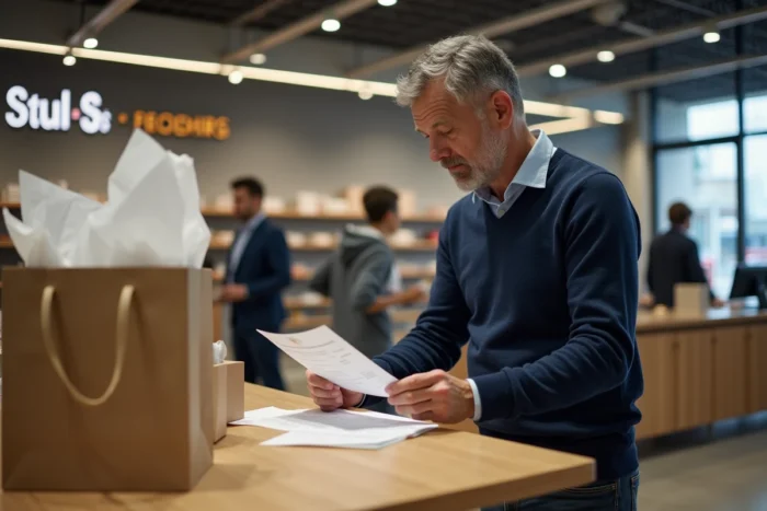 Un client remplit un formulaire de remboursement dans un espace administratif de grand magasin