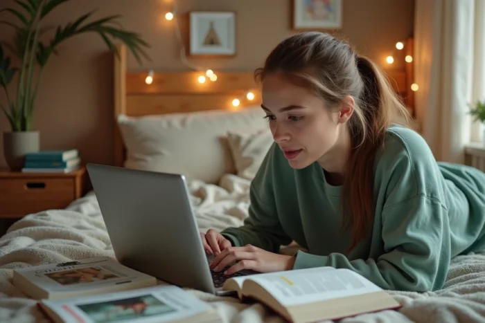 Une étudiante téléchargeant des ebooks et magazines gratuits sur Free-eBooks.net depuis son lit dans sa chambre
