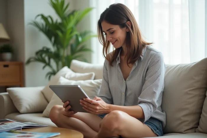 Une femme parcourant Freemagazines.top sur une tablette depuis son salon pour accéder à des magazines gratuits