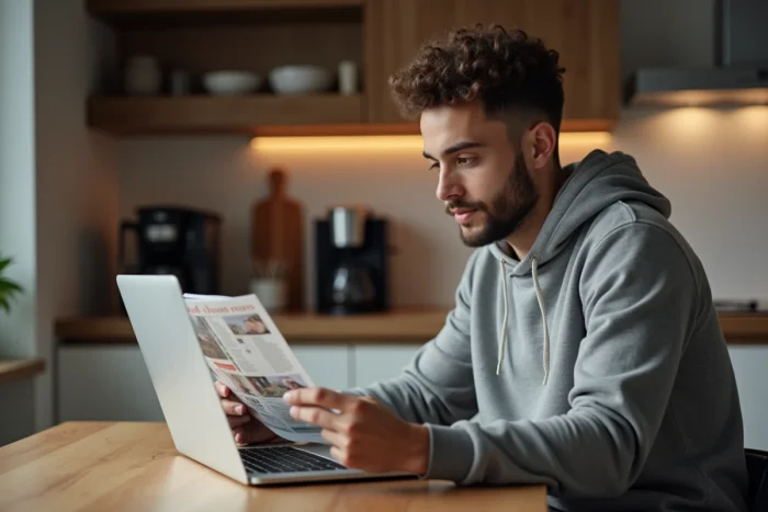 Un jeune homme comparant un magazine imprimé à un PDF téléchargé depuis FreeMagazinesPdf.com sur son ordinateur portable