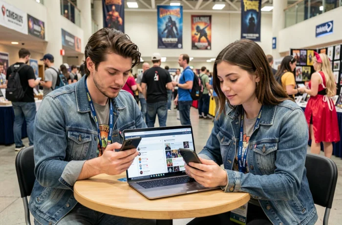 Deux geeks en convention comparant leurs profils sur les réseaux sociaux à l'aide de smartphones et d'un agrégateur de comptes en ligne