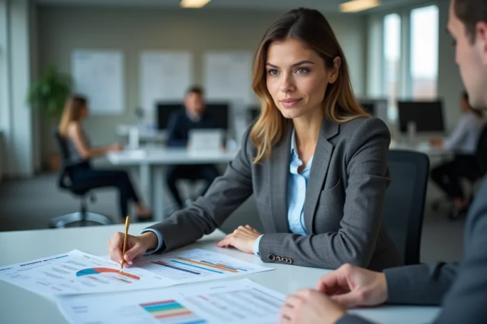 Responsable RH présentant une grille indiciaire salariale à un collègue dans un bureau moderne