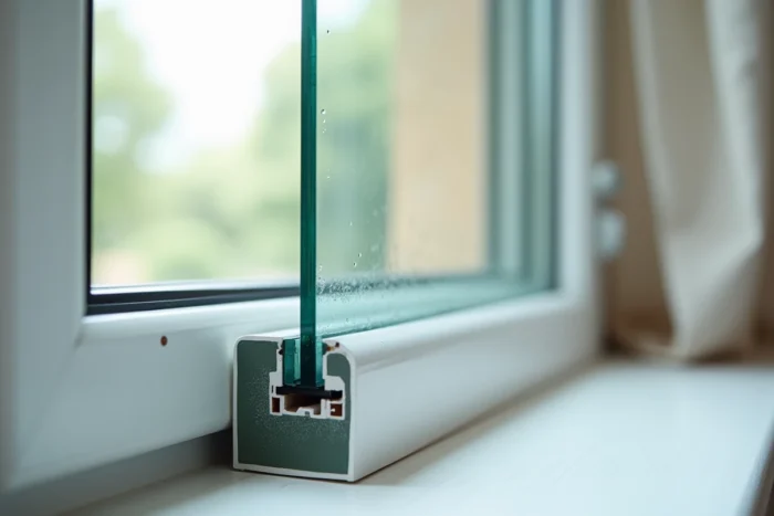 Gros plan sur la tranche d'un double vitrage avec étiquette de performance énergétique sur une fenêtre de maison