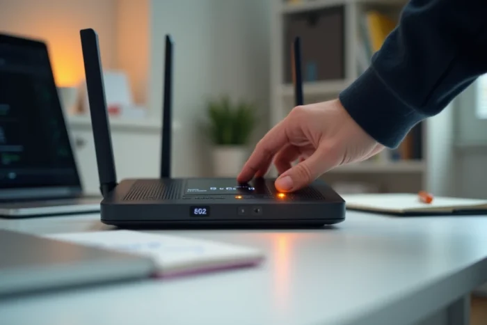Gros plan sur une box Orange affichant un code erreur s01-06 avec une main appuyant sur le bouton de réinitialisation