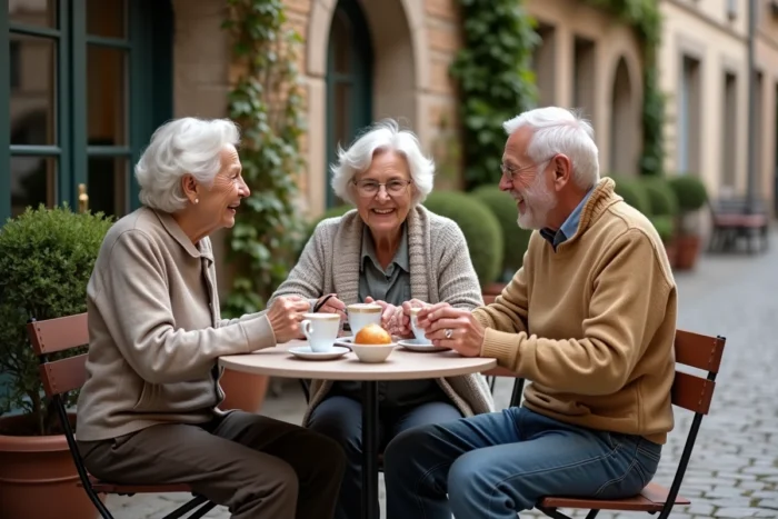 Groupe de trois personnes âgées de 70 à 80 ans discutant joyeusement en terrasse d'un village français, illustrant la vie sociale des septuagénaires et octogénaires