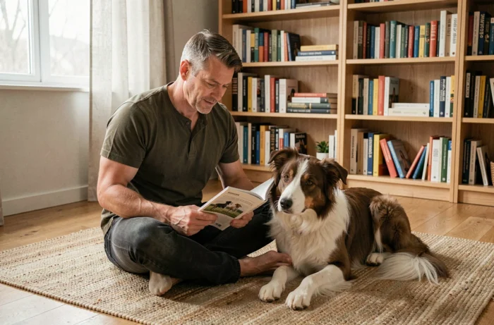 Homme lisant un guide d'éducation canine avec son border collie posé contre lui dans un salon Scandinave, ambiance apprentissage et complicité