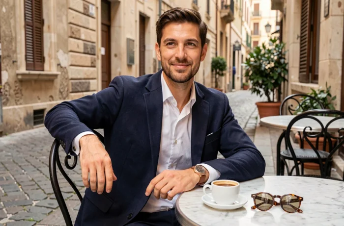Homme élégant en terrasse de café portant une montre en cuir et des lunettes de soleil écaille de tortue comme accessoires de style masculin tendance