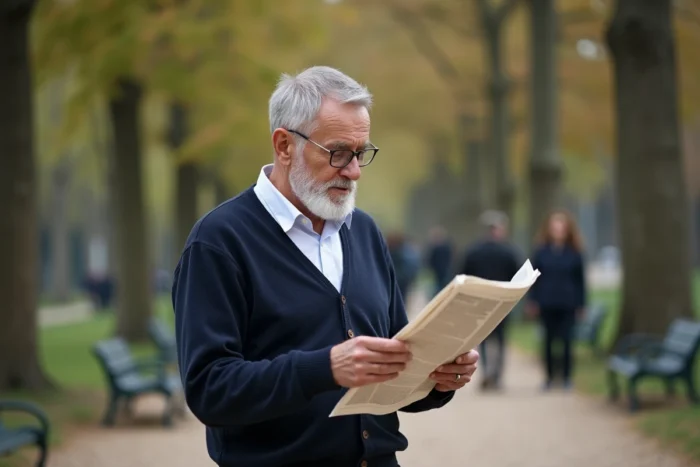 Homme âgé de 78 ans lisant un journal dans un parc parisien, représentant les septuagénaires actifs et autonomes