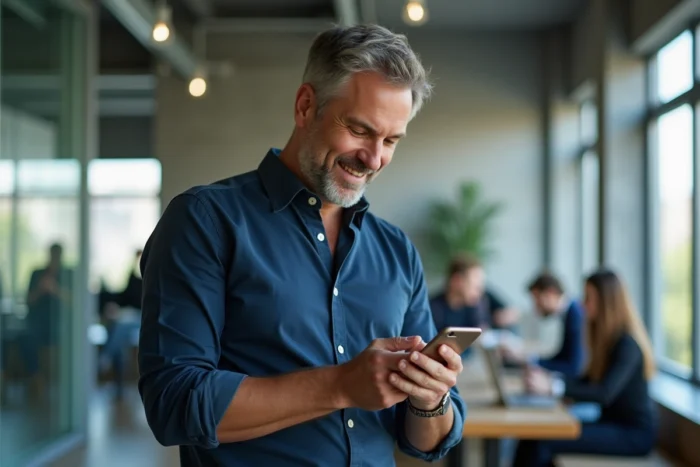 Homme consultant son application bancaire mobile dans un espace de travail moderne et contemporain