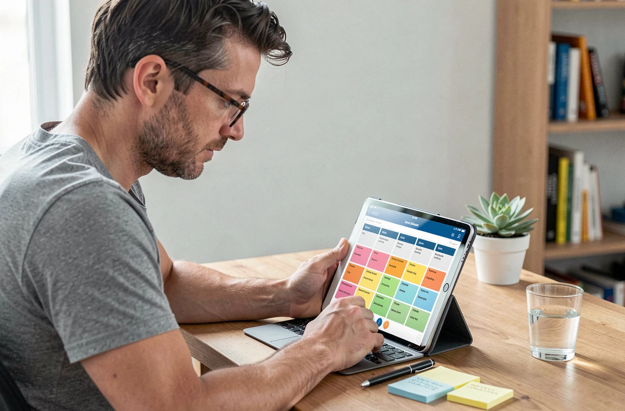 Homme consultant une application de planification de repas de régime sur tablette à son bureau à domicile
