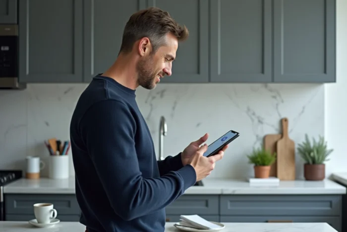 Homme utilisant une application de localisation Rabbit Finder dans une cuisine moderne pour retrouver un objet perdu du quotidien
