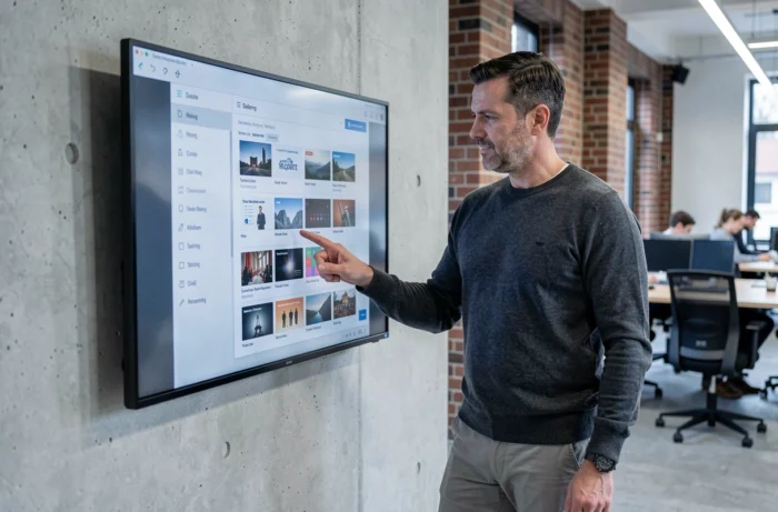 Homme explorant un répertoire de contenus numériques sur un grand écran tactile dans un bureau contemporain