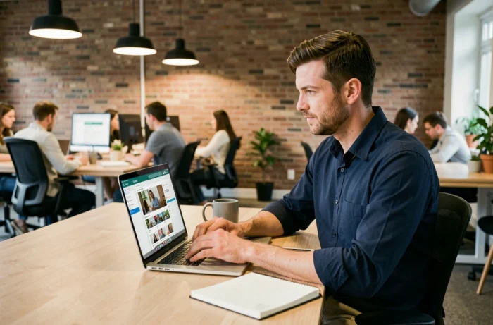 Homme en train de suivre une formation en ligne sur ordinateur portable dans un espace de coworking moderne