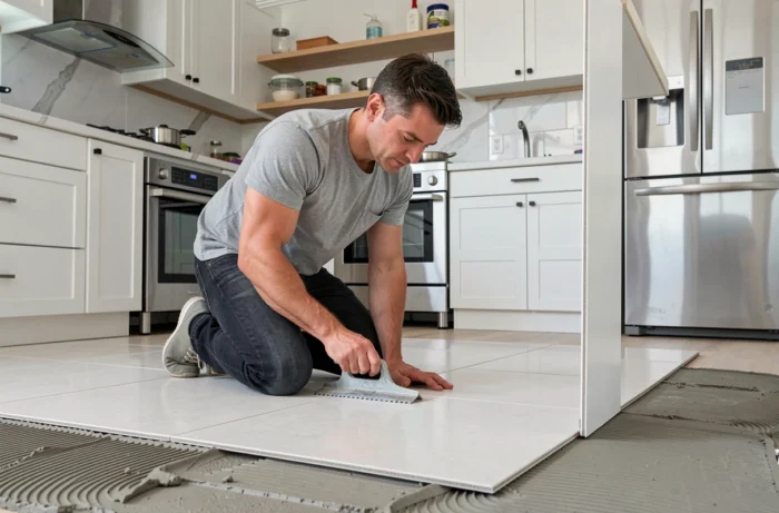Homme posant du carrelage dans une cuisine moderne lors de travaux d'amélioration intérieure