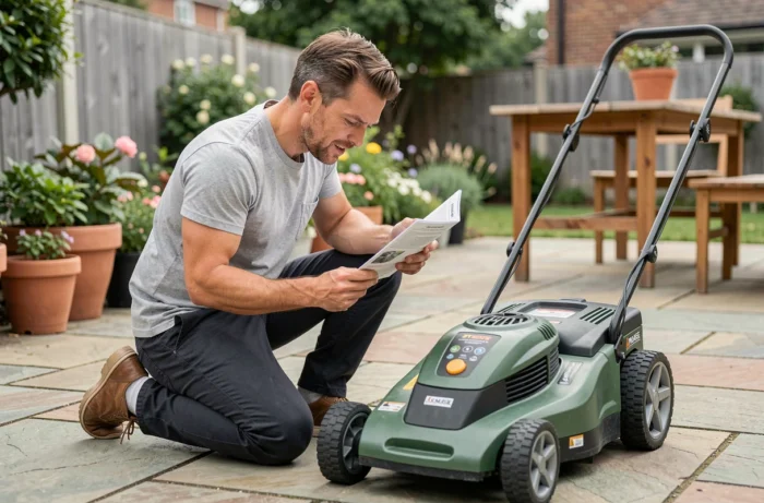 Homme consultant le manuel d'un robot tondeuse sur une terrasse de jardin avant achat