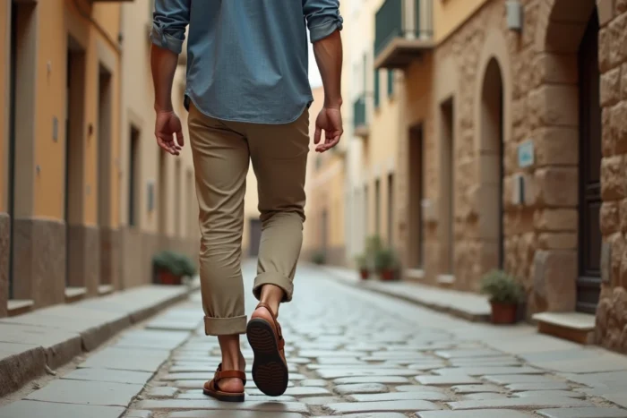 Homme portant des sandales minimalistes à boucle, alternative aux Birkenstock, marchant sur des pavés d'une ruelle européenne