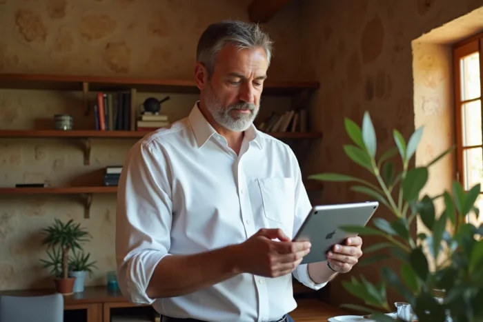 Homme d'affaires consultant ses filtres de messagerie Roundcube sur une tablette dans un appartement provençal traditionnel à Aix-Marseille