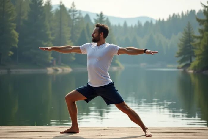 Homme pratiquant le yoga sur une terrasse en bois face à un lac paisible, activité sportive douce pour le corps et l'esprit