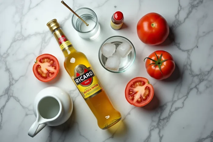 Vue aérienne des ingrédients du Ricard tomate disposés sur une table en marbre de café