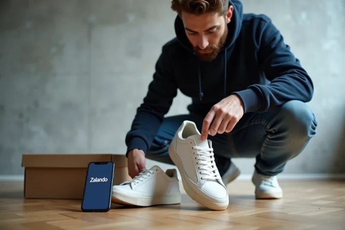 Homme inspectant la semelle et les coutures de baskets blanches avec une loupe pour vérifier leur authenticité
