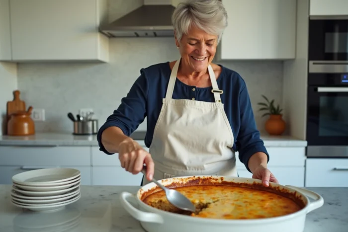 Femme en tablier servant des portions de Jacqueline dans une cuisine moderne pour un grand repas en famille