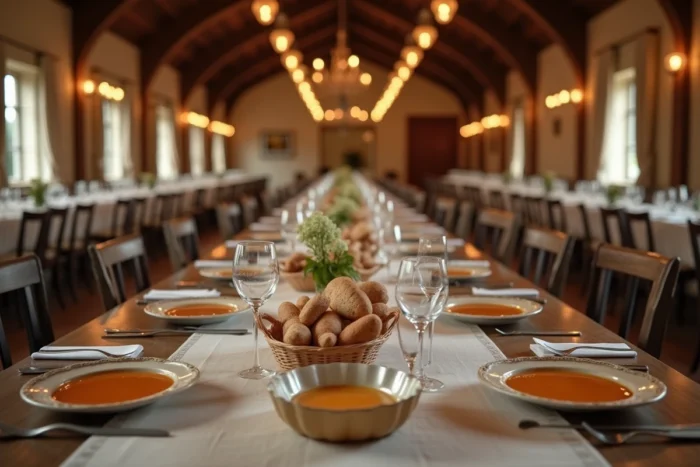 Longue table dressée pour 30 convives avec plusieurs plats de Jacqueline au centre lors d'un grand repas festif