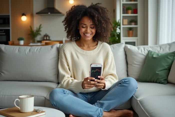 Une jeune femme consulte une application de trading boursier sur son smartphone dans un salon cosy