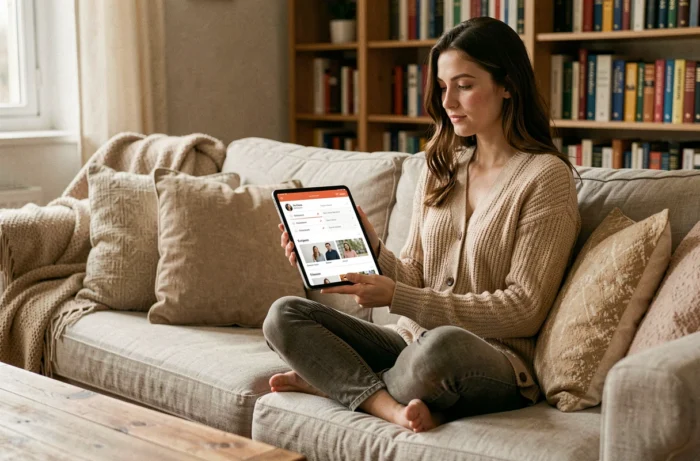 Jeune femme parcourant un index de contenus organisé sur une tablette depuis un canapé confortable à la maison