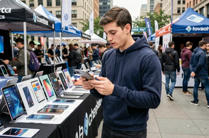 Jeune homme découvrant un smartphone pliable lors d'un salon technologique urbain présentant les dernières innovations