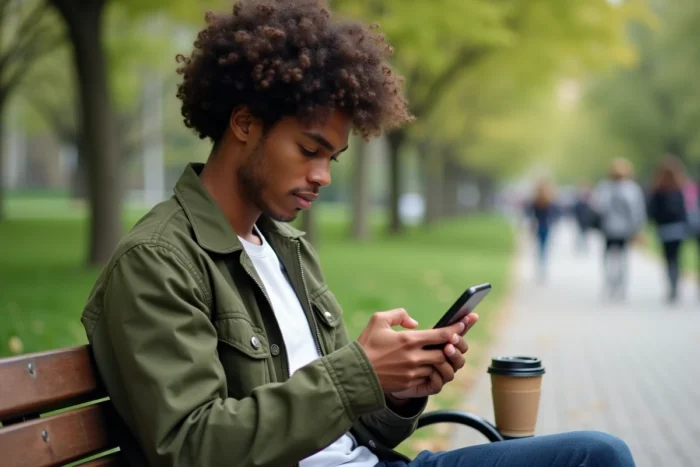 Jeune utilisateur accédant à MyPeopleDoc depuis son téléphone dans un parc urbain